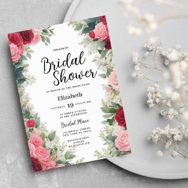 Romantic pink red white mint floral Bridal Shower Invitations