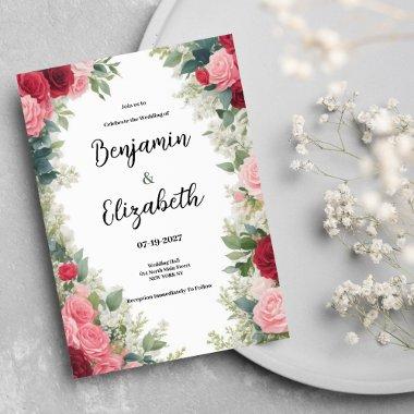 Romantic pink red white mint roses floral Wedding Invitations