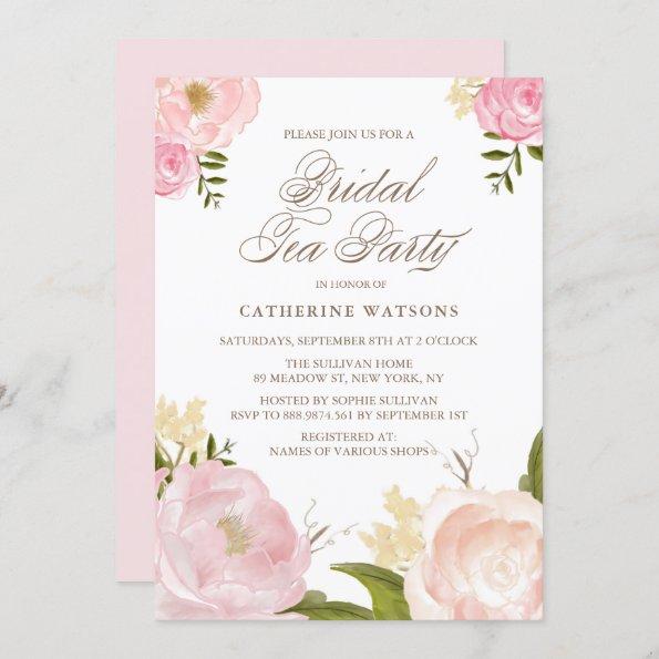 Romantic Pink Watercolor Flowers Bridal Tea Party Invitations
