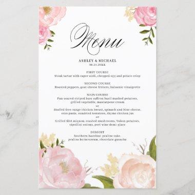 Romantic Pink Watercolor Flowers Wedding Menu Invitations