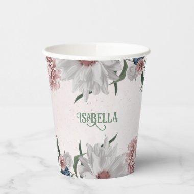 Romantic pink white navy flowers greenery paper cups
