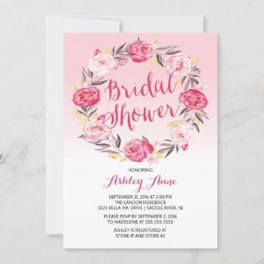 Romantic Pretty Pink Floral Wreath Bridal Shower Invitations