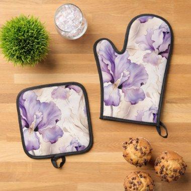 Romantic Purple Cream Iris Floral  Oven Mitt & Pot Holder Set