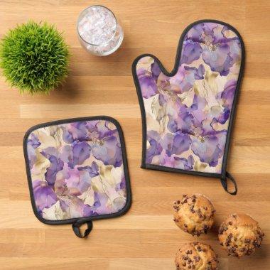 Romantic Purple Gold Iris Floral Wedding Oven Mitt & Pot Holder Set