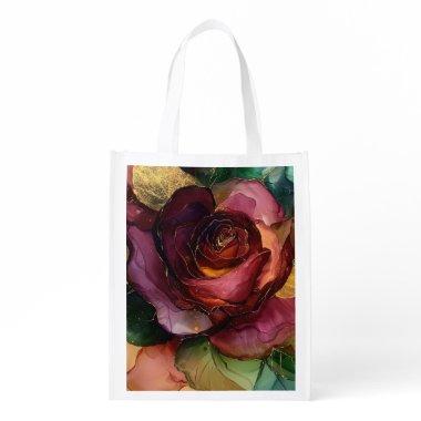 Romantic Red Burgundy Rose Gold Floral Grocery Bag