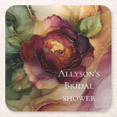 Romantic Red Burgundy Rose Gold Floral Wedding Square Paper Coaster