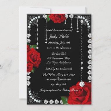 Romantic Red Roses And Diamonds Bridal Shower Invitations