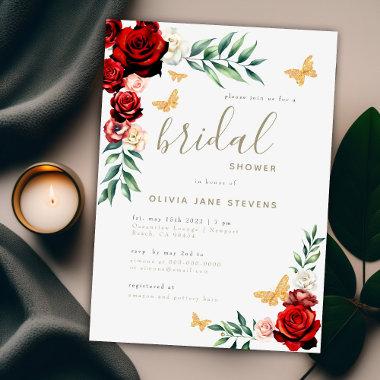 Romantic Red Roses Gold Butterflies Bridal Shower Invitations