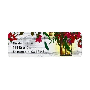 Romantic Red Watercolor Roses & Lantern Wedding Label