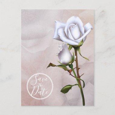 Romantic Soft White Roses Elegant Save the Date Announcement PostInvitations