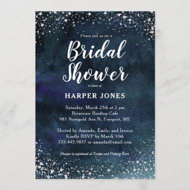 Romantic Stars Navy Blue Silver Bridal Shower Invitations