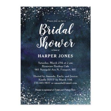 Romantic Stars Navy Blue Silver Bridal Shower Invitations