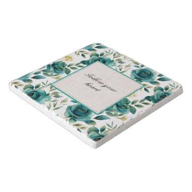 Romantic Teal Cream Rose Floral  Trivet