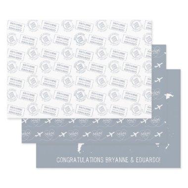 Romantic Travel Theme Passport Stamp Map Blue Wrapping Paper Sheets