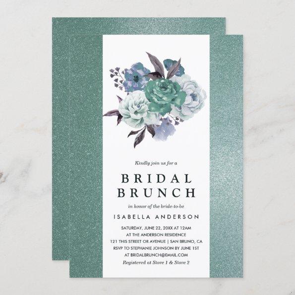 Romantic Turquoise Glitter Floral Bridal Brunch Invitations