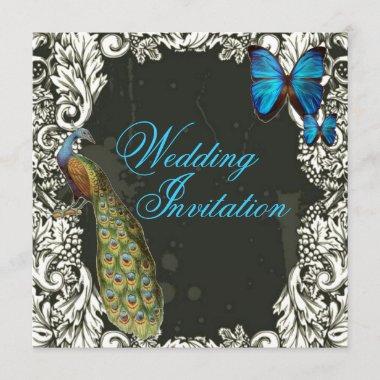 romantic vintage turquoise teal peacock wedding Invitations