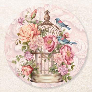 Romantic Vintage Watercolor Floral Birdcage Round Paper Coaster