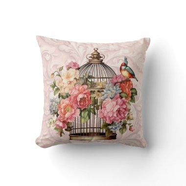 Romantic Vintage Watercolor Floral Birdcage Throw Pillow