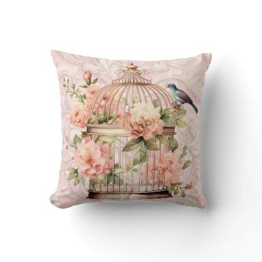 Romantic Vintage Watercolor Floral Birdcage Throw Pillow