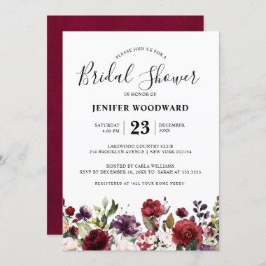 Romantic Watercolor Burgundy Red Blush Rose Floral Invitations