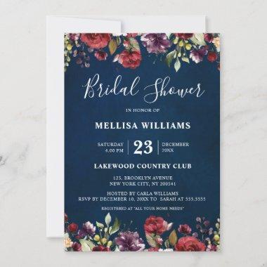 Romantic Watercolor Burgundy Red Navy Rose Floral Invitations