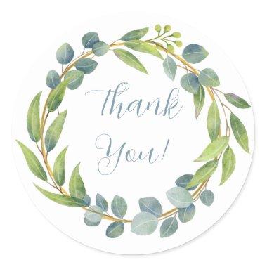Romantic Watercolor Green Leaf Floral Thank You Cl Classic Round Sticker
