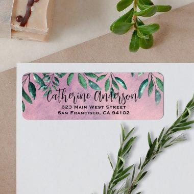 Romantic Watercolor Leafy Green Branches On Pink Label