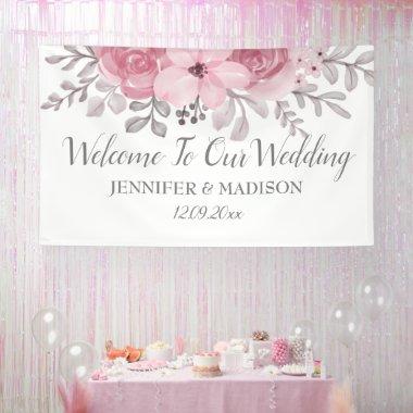 Romantic Watercolor Pink Florals Mr & Mrs Wedding Banner