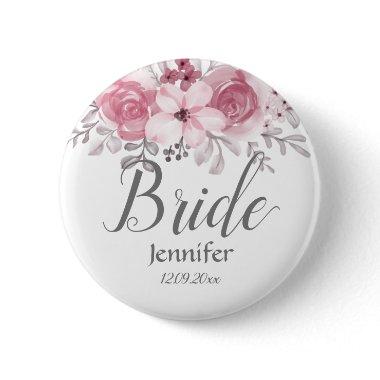 Romantic Watercolor Pink Florals Mr & Mrs Wedding Button