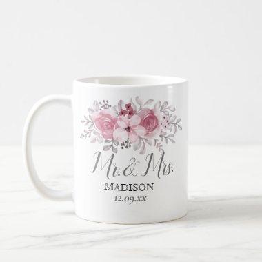 Romantic Watercolor Pink Florals Mr & Mrs Wedding Coffee Mug