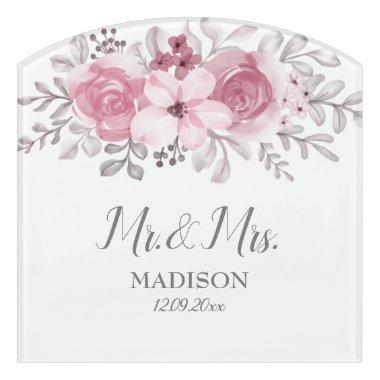 Romantic Watercolor Pink Florals Mr & Mrs Wedding Door Sign