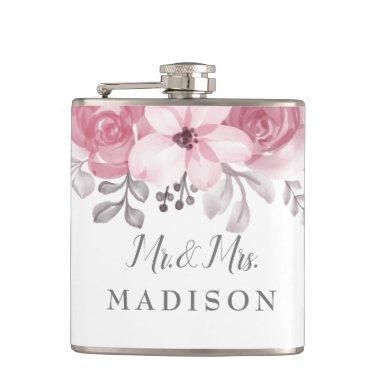 Romantic Watercolor Pink Florals Mr & Mrs Wedding Flask