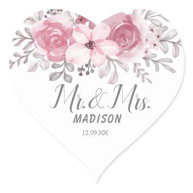 Romantic Watercolor Pink Florals Mr & Mrs Wedding Heart Sticker