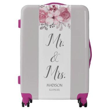 Romantic Watercolor Pink Florals Mr & Mrs Wedding Luggage