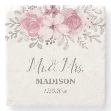 Romantic Watercolor Pink Florals Mr & Mrs Wedding Stone Coaster
