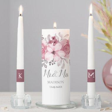 Romantic Watercolor Pink Florals Mr & Mrs Wedding Unity Candle Set