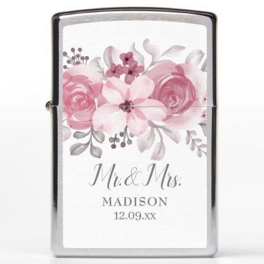 Romantic Watercolor Pink Florals Mr & Mrs Wedding Zippo Lighter