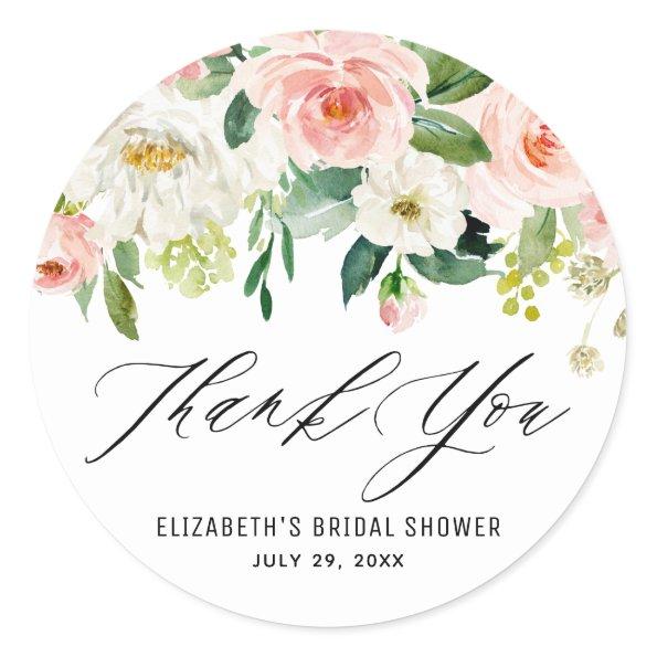 Romantic Watercolor Pink Peach Florals Thank You Classic Round Sticker