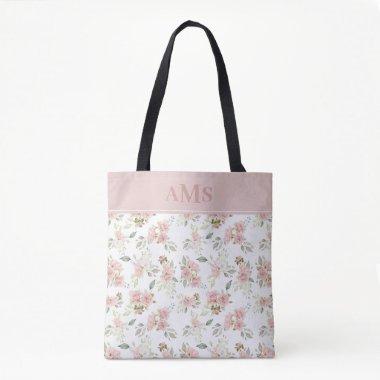 Romantic Watercolor Roses | Blush Pink Monogram Tote Bag