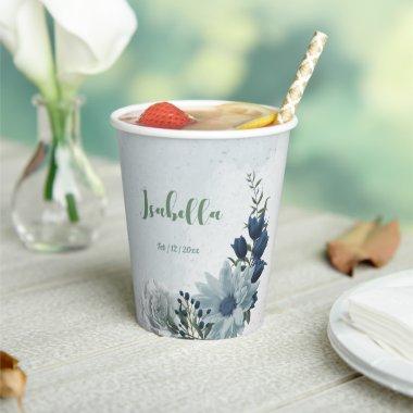 romantic white dusty &navy blue floral greenery paper cups