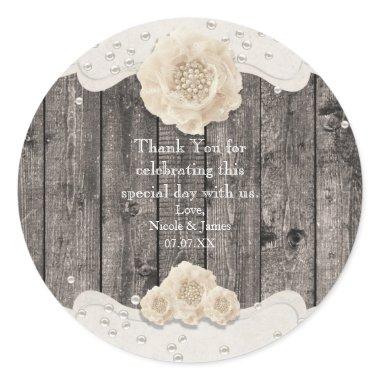 Romantic White Flower & Pearls Rustic Wood Classic Round Sticker