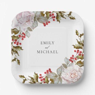 Romantic Winter Floral and Evergreens Wedding Paper Plates