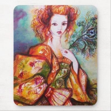 ROMANTIC WOMAN WITH PEACOCK FEATHER MOUSE PAD