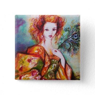 ROMANTIC WOMAN WITH PEACOCK FEATHER PINBACK BUTTON