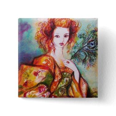 ROMANTIC WOMAN WITH PEACOCK FEATHER PINBACK BUTTON