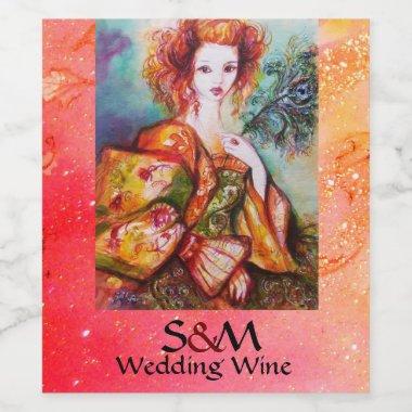 ROMANTIC WOMAN WITH PEACOCK FEATHER Pink Wedding Wine Label
