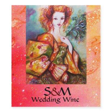 ROMANTIC WOMAN WITH PEACOCK FEATHER Pink Wedding Wine Label