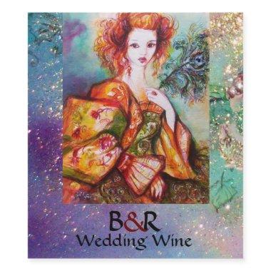 ROMANTIC WOMAN WITH PEACOCK FEATHER Teal Wedding Wine Label