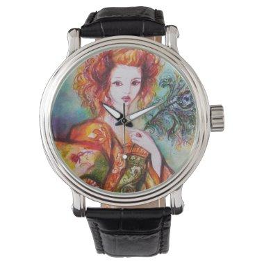 ROMANTIC WOMAN WITH PEACOCK FEATHER WATCH