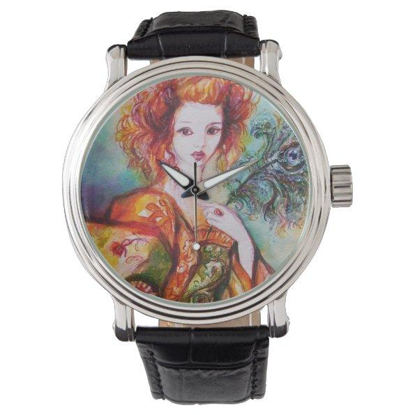 ROMANTIC WOMAN WITH PEACOCK FEATHER WATCH